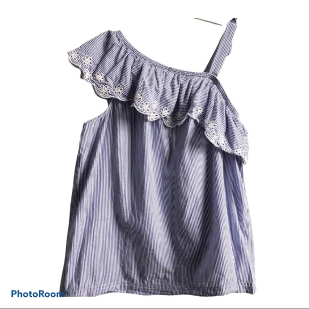 Cat & Jack Blouse Pinstriped Size 14/16 Cotton Eyelet Edge One Shoulder